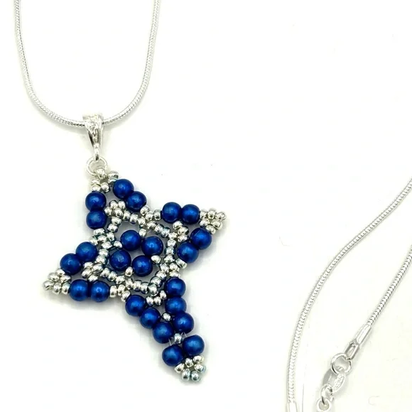 Hand Crafted Blue Pearl Cross Pendant Necklace - Picture 5 of 8